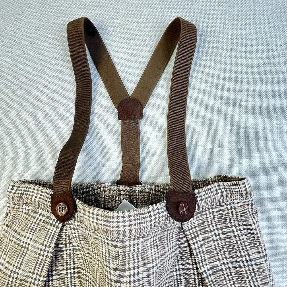Janie And Jack Suspender Knikers Baby 12 - 18 Mos Brown Short Pants Party Retro